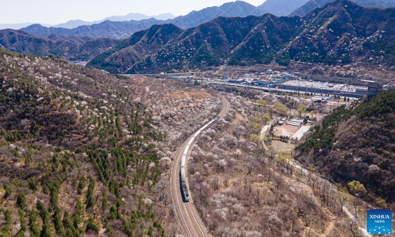 In this aerial photo, a suburban train runs amid blooming flowers near the Juyongguan section of the Great Wall in Beijing, capital of China, April 2, 2022.Photo:Xinhua