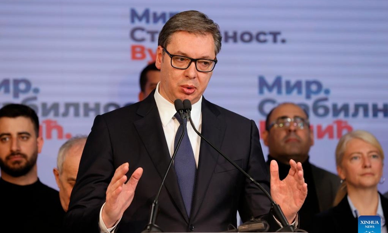 Serbian President Aleksandar Vucic (Front) speaks during a press conference at the Serbian Progressive Party (SNS) headquarters in Belgrade, Serbia, on April 3, 2022.Photo: Xinhua 
