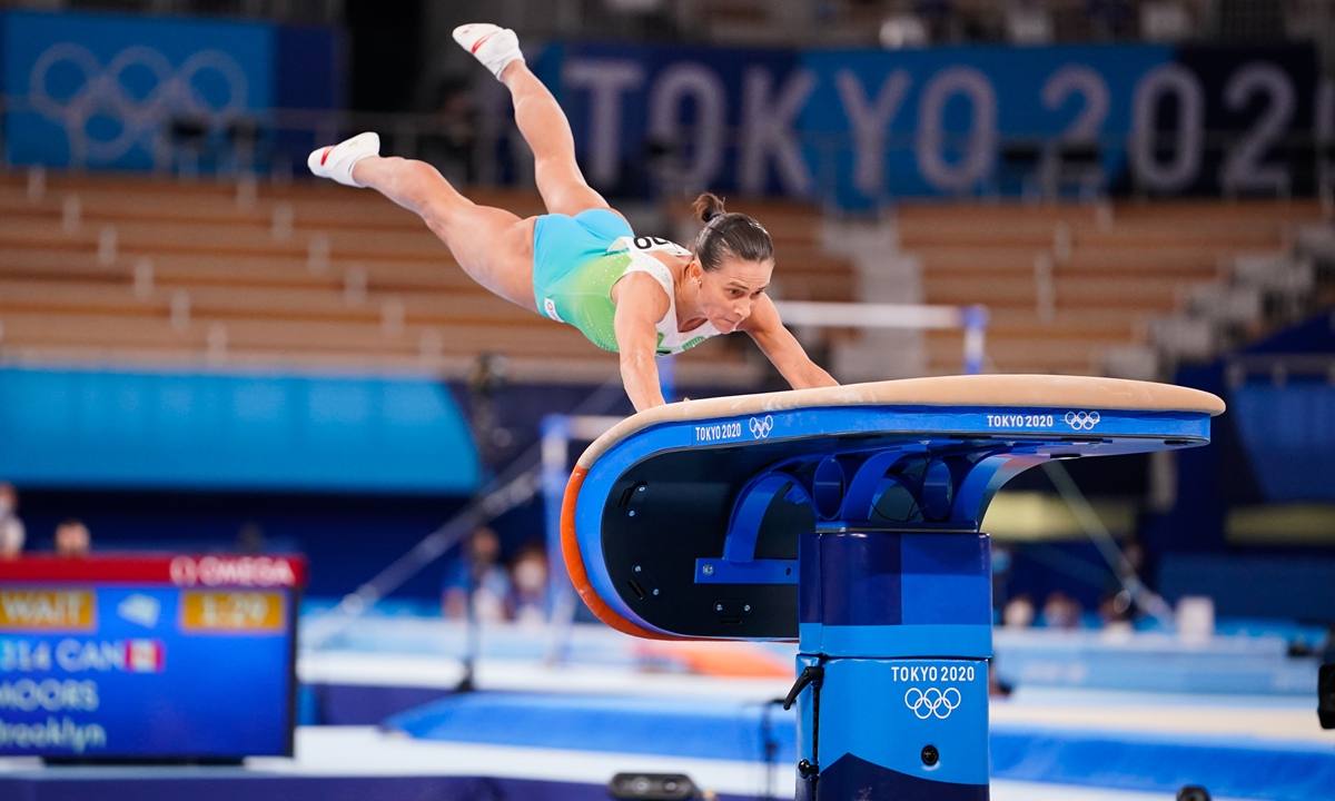 Oksana Chusovitina of Uzbekistan competes during the women's gymnastics qualification round at the Tokyo Olympic Games at the Ariake Gymnastics Center in Tokyo, Japan on July 25, 2021. Photo: IC