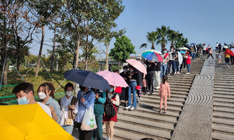 People line to enter a park in Baoan district, Shenzhen, South China's Guangdong Province on April 5, 2022. Photo: VCG