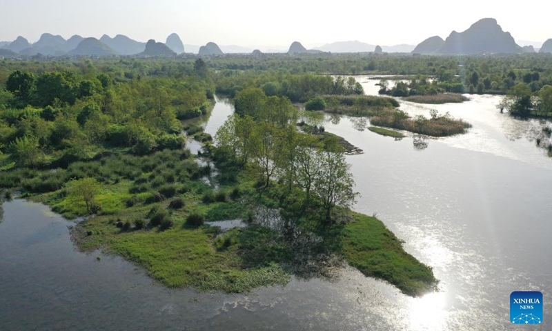 Aerial photo taken on April 7, 2022 shows the scenery of the Huixian Wetlands in Guilin, south China's Guangxi Zhuang Autonomous Region.Photo:Xinhua