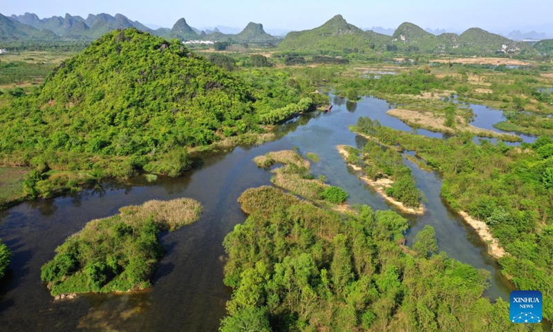 Aerial photo taken on April 7, 2022 shows the scenery of the Huixian Wetlands in Guilin, south China's Guangxi Zhuang Autonomous Region.Photo:Xinhua