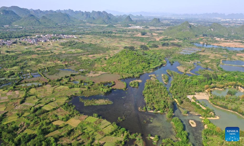 Aerial photo taken on April 7, 2022 shows the scenery of the Huixian Wetlands in Guilin, south China's Guangxi Zhuang Autonomous Region.Photo:Xinhua