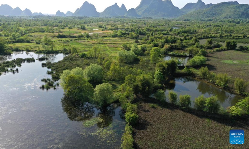 Aerial photo taken on April 7, 2022 shows the scenery of the Huixian Wetlands in Guilin, south China's Guangxi Zhuang Autonomous Region.Photo:Xinhua