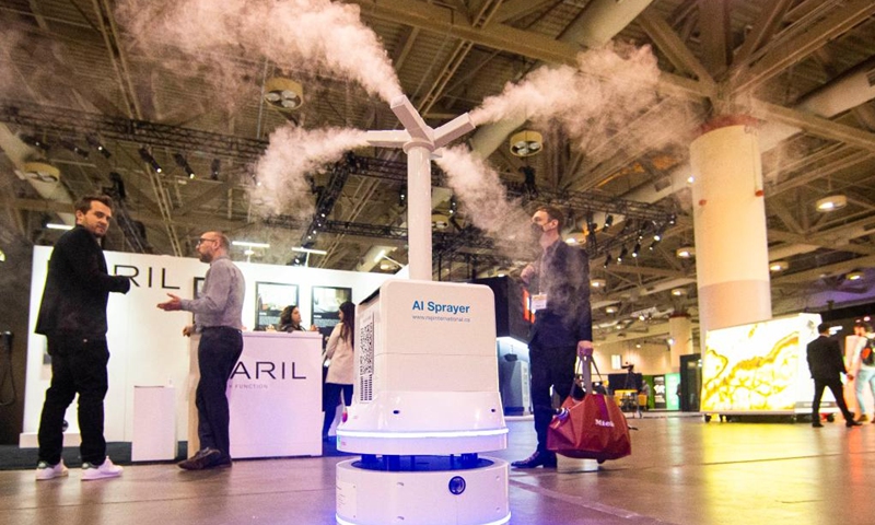 A multi-purpose AI Sprayer is seen at the 2022 Interior Design Show in Toronto, Canada, on April 7, 2022. As Canada's premier showcase of new interior design concepts and products, the annual event is held here from Thursday to Sunday.(Photo: Xinhua)