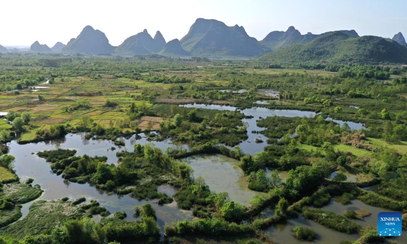 Aerial photo taken on April 7, 2022 shows the scenery of the Huixian Wetlands in Guilin, south China's Guangxi Zhuang Autonomous Region.Photo:Xinhua