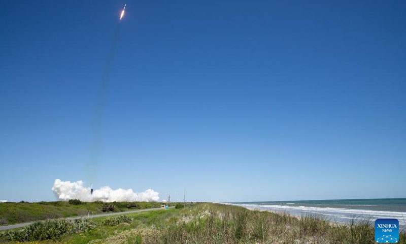 A SpaceX's Falcon 9 rocket carrying the Crew Dragon spacecraft is launched at NASA's Kennedy Space Center in Florida, the United States, April 8, 2022. NASA, Axiom Space, and SpaceX launched a first private astronaut mission to the International Space Station on Friday.Photo:Xinhua