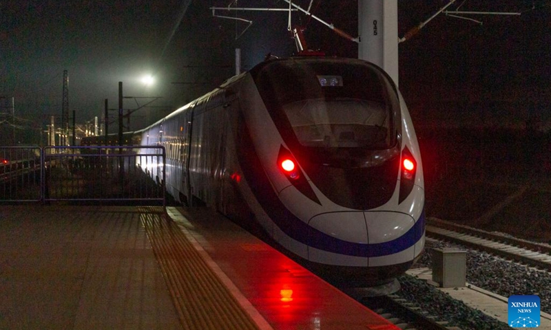 Photo taken on April 9, 2022 shows the third Lane Xang EMU train at the Vientiane Station of China-Laos Railway in Laos. The third Lane Xang EMU train for the China-Laos Railway has arrived in the Lao capital Vientiane in order to serve the upcoming travel rush during the Lao New Year festival to be celebrated in mid-April.Photo:Xinhua
