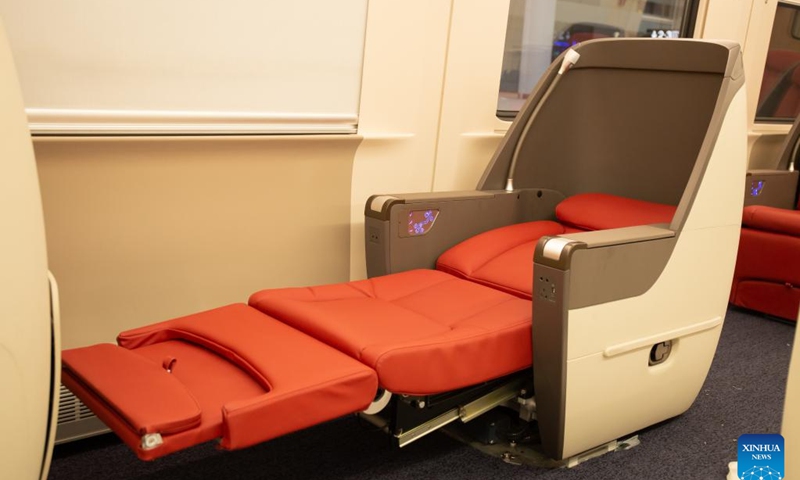 Photo taken on April 9, 2022 shows an interior view of the third Lane Xang EMU train at the Vientiane Station of China-Laos Railway in Laos. The third Lane Xang EMU train for the China-Laos Railway has arrived in the Lao capital Vientiane in order to serve the upcoming travel rush during the Lao New Year festival to be celebrated in mid-April.Photo:Xinhua