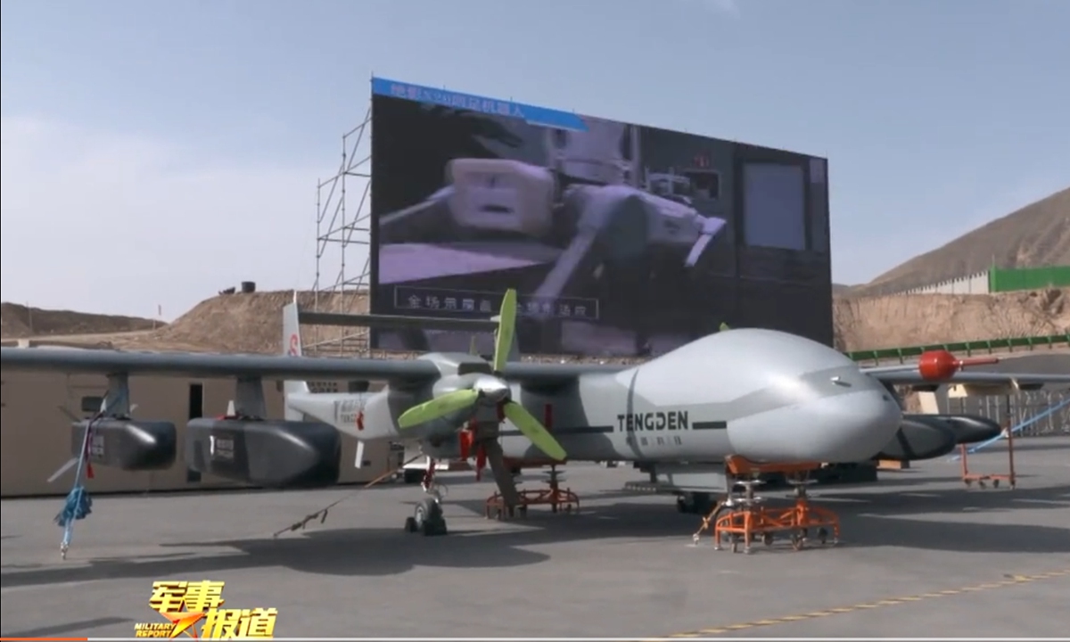 A TB-001 Twin-Tailed Scorpion armed reconnaissance drone is on display at an unmanned intelligent equipment exhibition organized by PLA Joint Logistics Support Force in early 2022. Photo: Screenshot from CCTV