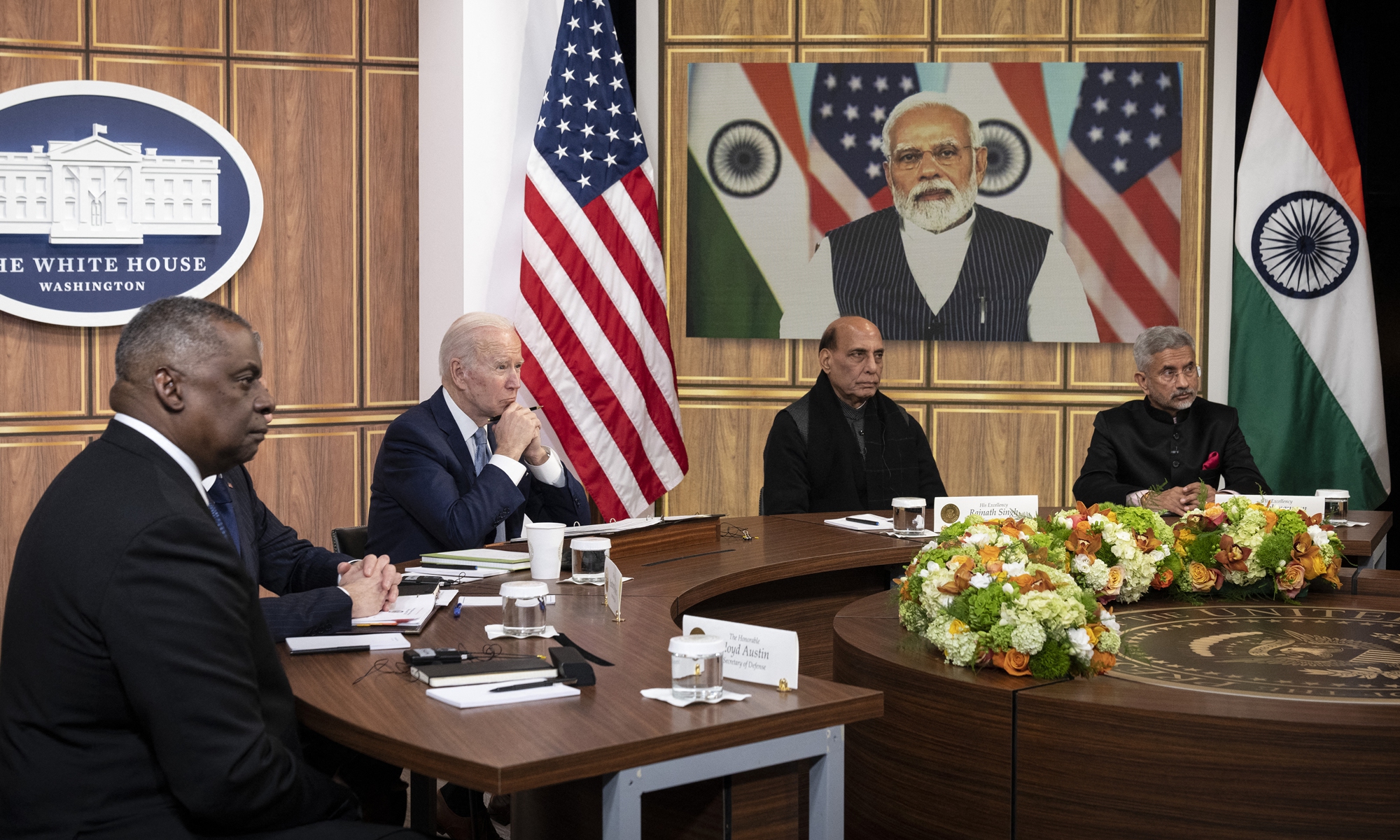 (From left to right) US Defense Secretary Lloyd Austin, US President Joe Biden, Indian Minister of Defense Rajnath Singh, and Indian External Affairs Minister Subrahmanyam Jaishankar listen as Prime Minister of India Narendra Modi (on screen) speaks during a virtual meeting in the South Court Auditorium of the White House complex April 22, 2022 in Washington, DC.Photo: AFP