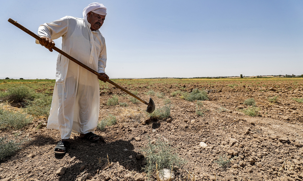 A farmer tills the soil in his field in eastern Iraq on June 24, 2021. Photo: AFP