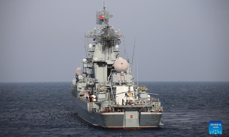 File photo taken on Dec. 17, 2015 shows the Moskva missile cruiser near the Tartus port of Syria. Russia said on April 14, 2022 that the flagship of its Black Sea Fleet, the Moskva missile cruiser, sank in stormy seas when it was being tugged to a port after having been damaged in a blast.Photo:Xinhua
