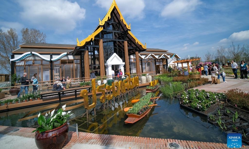 People visit Thailand's pavilion at Floriade Expo 2022 in Almere, the Netherlands, on April 14, 2022. With the theme Growing Green Cities, Floriade Expo 2022, a world horticultural exhibition, opened here on Thursday.(Photo: Xinhua)