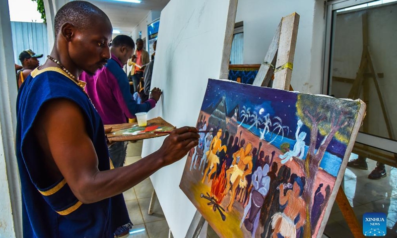 Painters work on their artworks at National Museum in Yaounde, Cameroon, on April 13, 2022. Celebrations to mark the World Art Day were held in Yaounde from April 12 to April 14.(Photo: Xinhua)