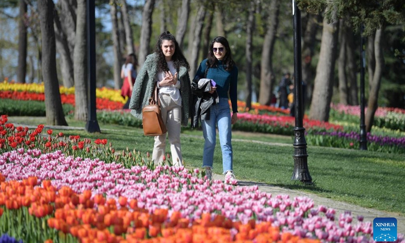 Photo taken on April 15, 2022 shows tulips at a park in Istanbul, Turkey.Photo:Xinhua