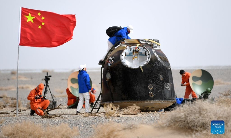 The return capsule of the Shenzhou-13 manned spaceship lands successfully at the Dongfeng landing site in north China's Inner Mongolia Autonomous Region, April 16, 2022.Photo:Xinhua