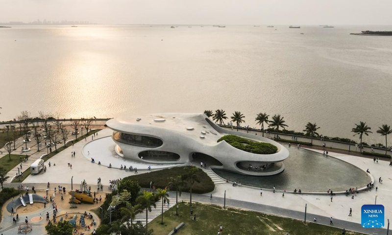 Aerial photo taken on April 16, 2022 shows the Wormhole Library in the Haikou Bay in Haikou, south China's Hainan Province. (Xinhua/Zhang Liyun)