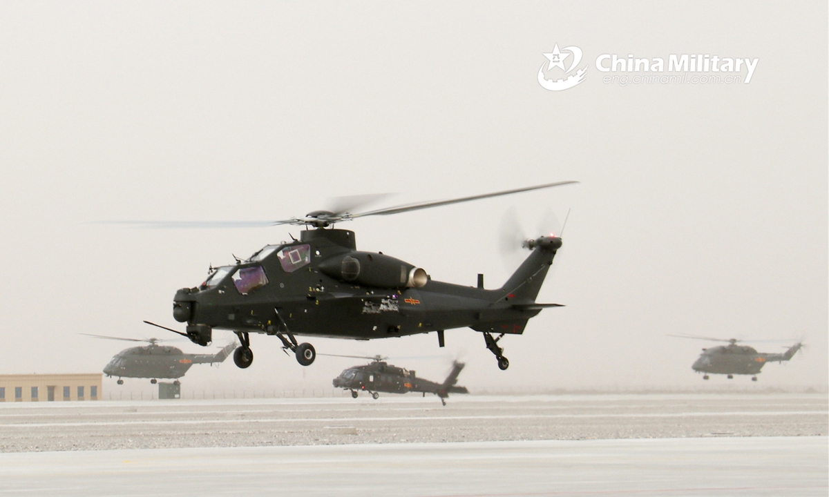 Multiple types of helicopters attached to an army aviation brigade under the PLA 76th Group Army conduct hover checks during a flight training exercise on March 17, 2022. (eng.chinamil.com.cn/Photo by Wu Xiaofeng)