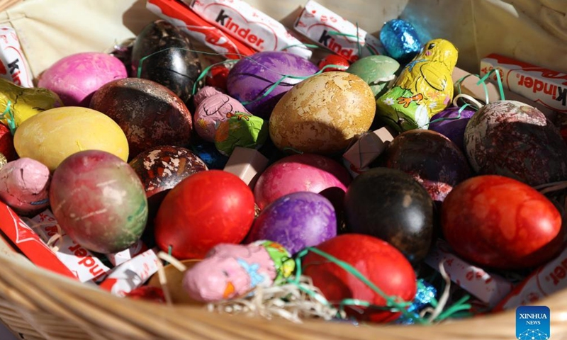 Eggs are seen during the Easter egg tapping event in Vodice, Croatia, April 17, 2022.Photo:Xinhua
