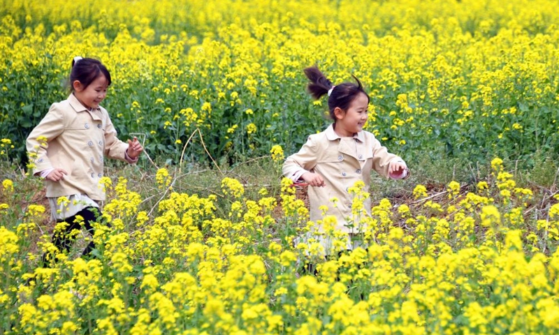 Children play in a cole flower field in Pinggu District of Beijing, capital of China, April 17, 2022.Photo:Xinhua