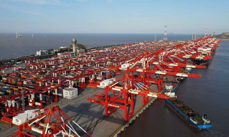 Aerial photo taken on April 6, 2021 shows a view of the automated container terminal of Shanghai's Yangshan Port, east China.(Photo: Xinhua)