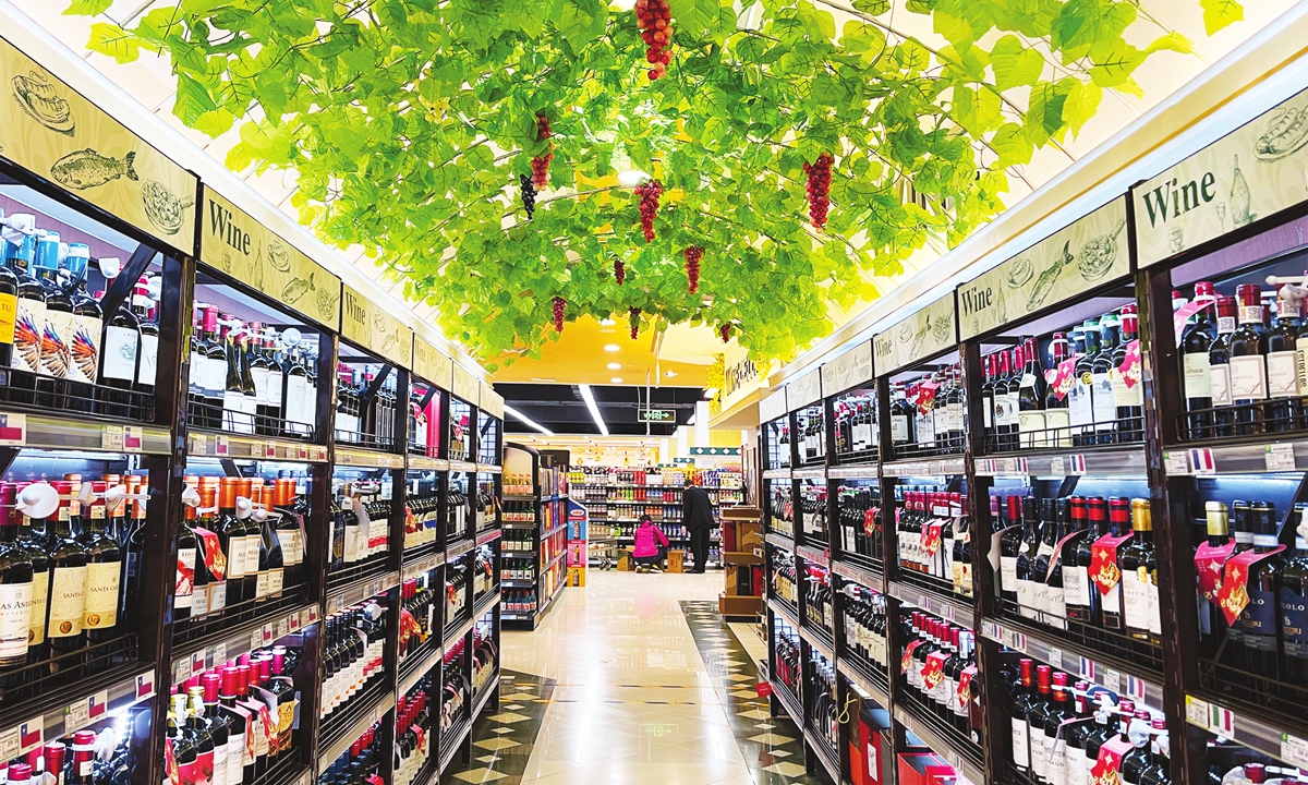 The wine sales section at a local supermarket in Beijing on March 20, 2022 Photo: VCG  