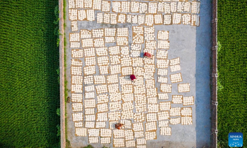 Aerial photo shows women drying rice vermicelli noodles ahead of Eid al-Fitr at a factory in Bogura, Bangladesh, April 17, 2022.(Photo: Xinhua)