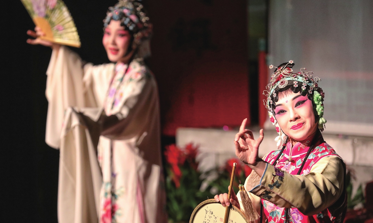 A Peking Opera actress performs at the reopened Zhengyi Temple Theater in Beijing, China on April 19, 2022. Photo: IC
