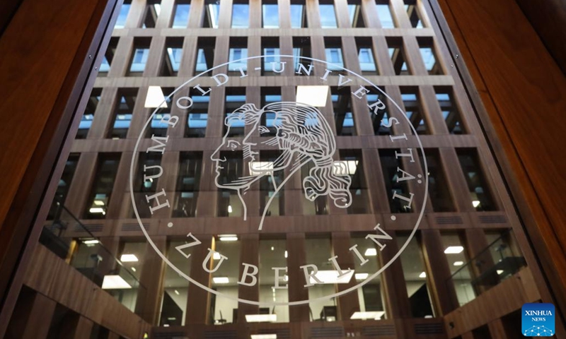 Photo taken on April 19, 2022 shows the sign of Humboldt University of Berlin at the Jacob and Wilhelm Grimm Center in Berlin, capital of Germany.The Jacob and Wilhelm Grimm Center is an open-shelving library in Berlin.(Photo: Xinhua)