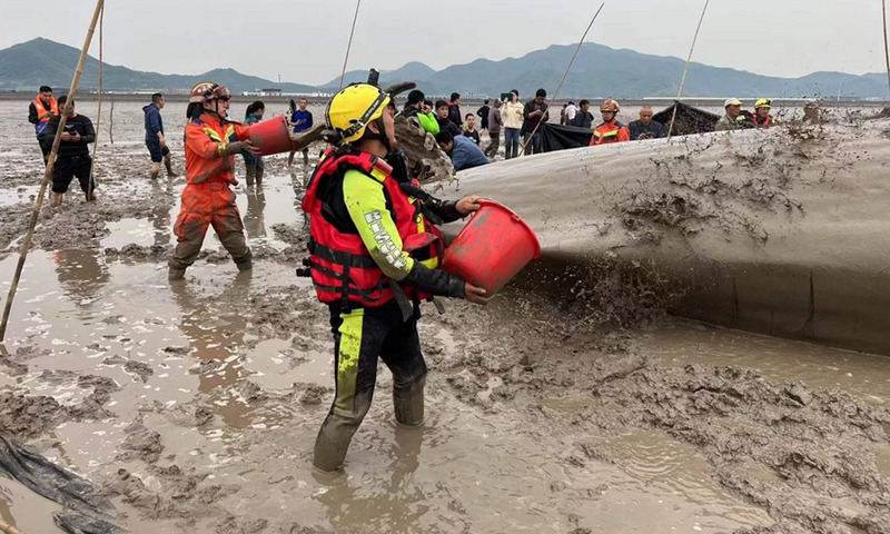 Rescuers help a stranded whale in Xiangshan County of Ningbo, east China's Zhejiang Province, April 19, 2022.(Photo: Xinhua)