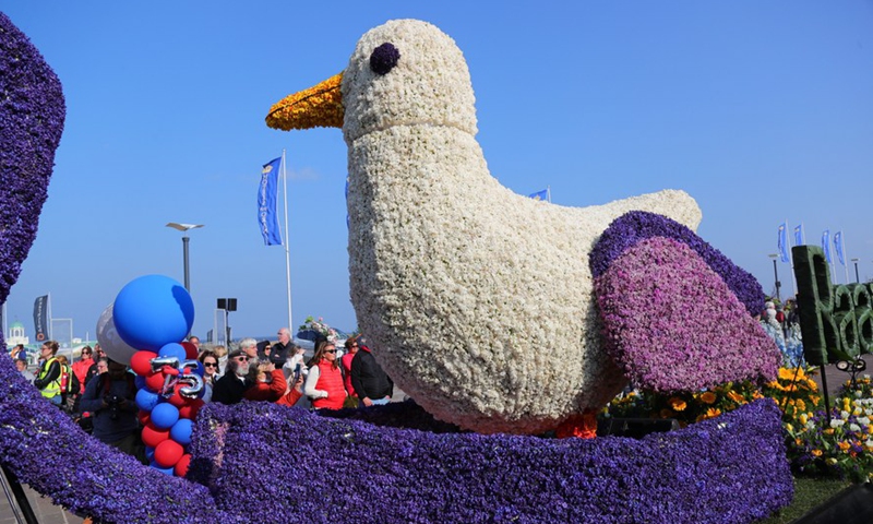 A float is seen during the Flower Parade of the Bollenstreek in Noordwijk, the Netherlands, April 23, 2022.Photo:Xinhua