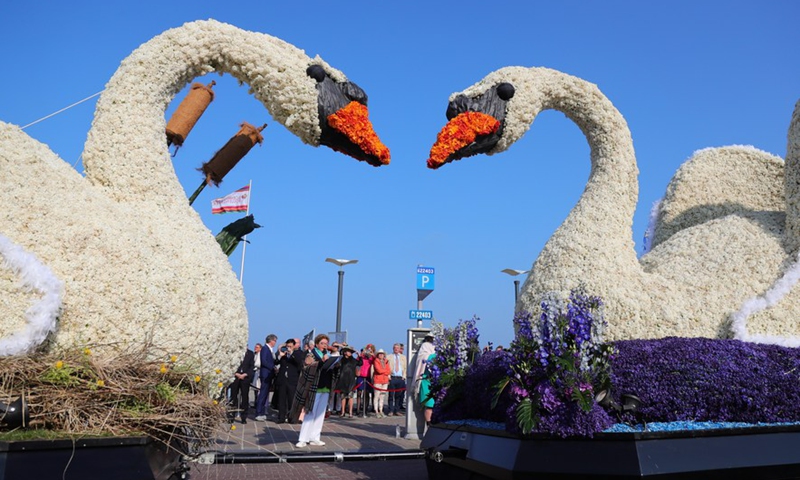 A float is seen during the Flower Parade of the Bollenstreek in Noordwijk, the Netherlands, April 23, 2022.Photo:Xinhua