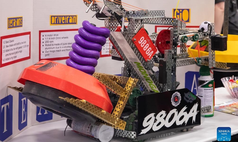 Photo taken on May 3, 2022 shows a robot at the 2022 VEX Robotics World Championship in Dallas, Texas, the United States. The ten-day 2022 VEX Robotics World Championship kicked off in Dallas on May 3. （Xinhua）
