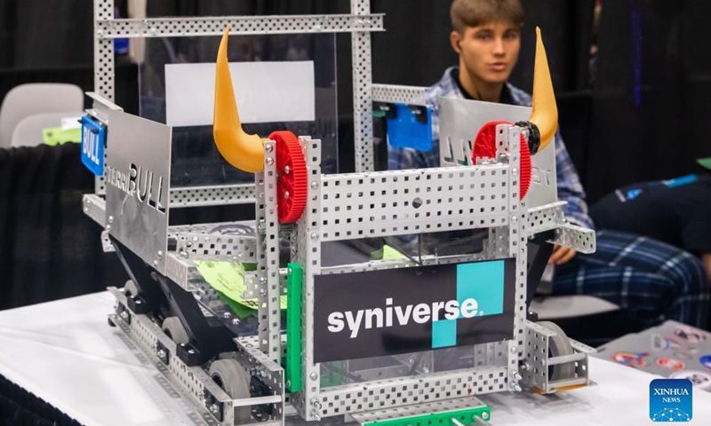 Photo taken on May 3, 2022 shows a robot at the 2022 VEX Robotics World Championship in Dallas, Texas, the United States. The ten-day 2022 VEX Robotics World Championship kicked off in Dallas on May 3.（Xinhua）