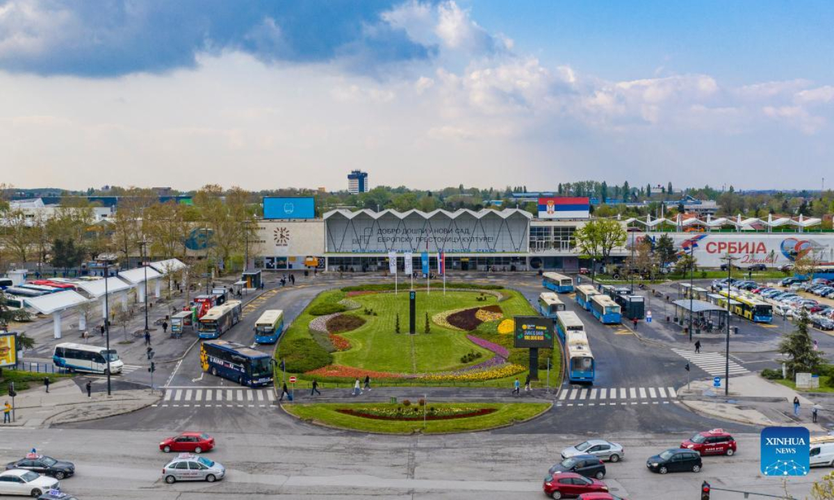 Aerial photo taken on April 20, 2022 shows the railway station of Novi Sad, Serbia.Photo:Xinhua