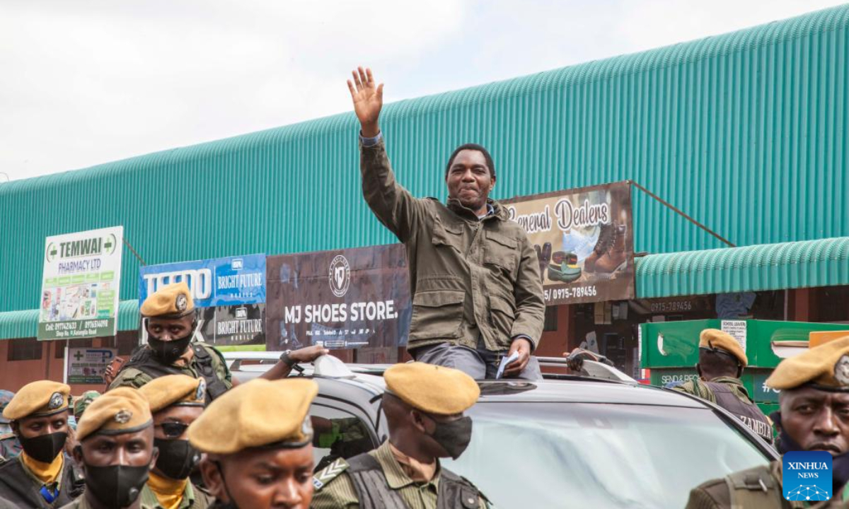 Zambian President Hakainde Hichilema waves during the Kaunda Day celebration in Lusaka, Zambia, on April 28, 2022. Zambians on Thursday marked the inaugural Kaunda Day in honor of the country's founding leader Kenneth Kaunda with a call to promote the value of unity that he espoused. Photo:Xinhua