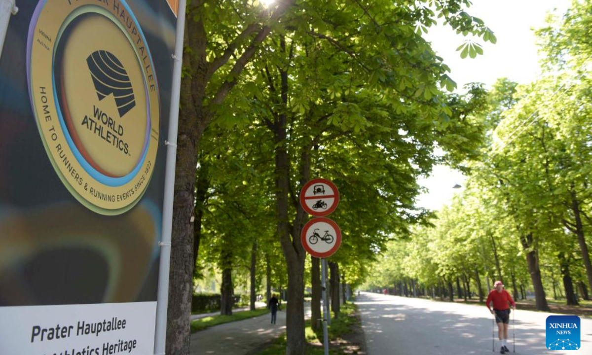 Photo taken on April 29, 2022 shows the poster for the World Athletics Heritage Plaque of Prater Hauptallee in Vienna, Austria. The famous Prater Hauptallee was awarded the World Athletics Heritage Plaque in the category of Landmark earlier this April. Photo:Xinhua
