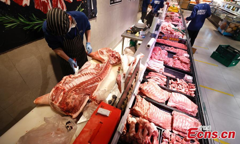 Pork products are seen at a Hema Fresh store in Chaoyang District, Beijing, April 26, 2022. (Photo: China News Service/Fu Tian)