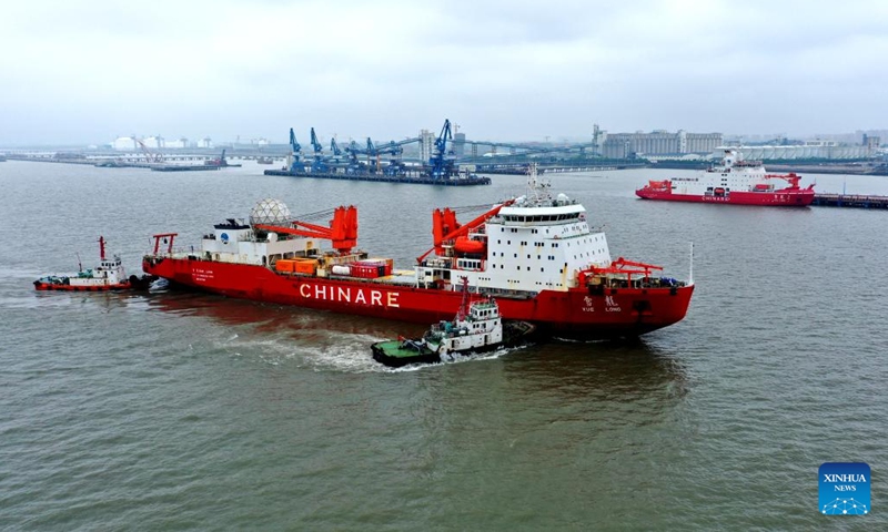 China's research icebreaker Xuelong arrives in east China's Shanghai, on April 26, 2022. China's research icebreaker Xuelong, or Snow Dragon, returned to Shanghai on Tuesday, marking the end of the country's 38th Antarctic expedition. Two icebreakers participated in the 174-day Antarctic expedition, with the Xuelong 2 arriving in Shanghai six days ago.(Photo: Xinhua)