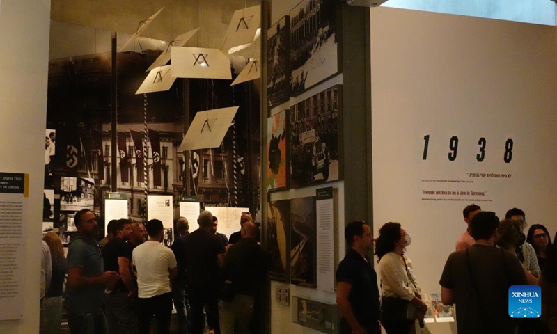 People visit Yad Vashem, the World Holocaust Remembrance Center, in Jerusalem on April 26, 2022. Israel's national annual Holocaust remembrance day will be marked on Wednesday and Thursday, in remembering the 6 million Jews who perished in the Holocaust during the Second World War. (Xinhua/Wang Zhuolun)