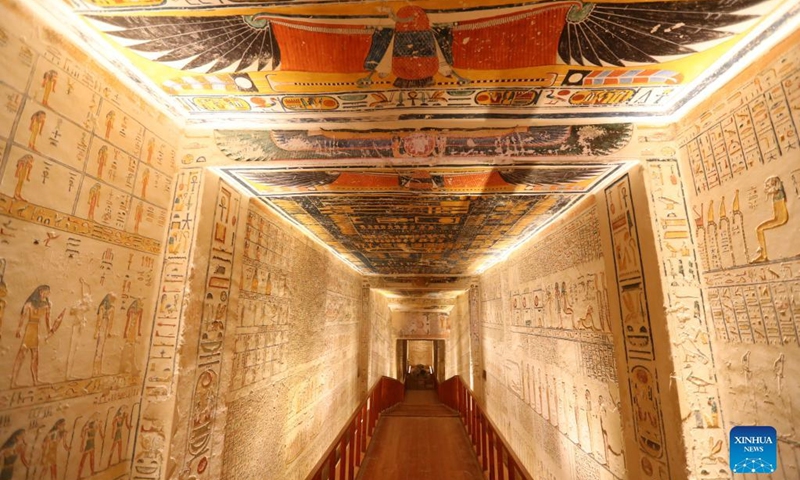 Photo taken on April 26, 2022 shows colorful reliefs and murals inside the tomb of Ramesses VI in the Valley of the Kings in Luxor, Egypt. The tomb of Ramesses VI, a ruler of the 20th Dynasty in ancient Egypt, is one of the most beautiful and well-preserved tombs in the Valley of the Kings.(Photo: Xinhua)