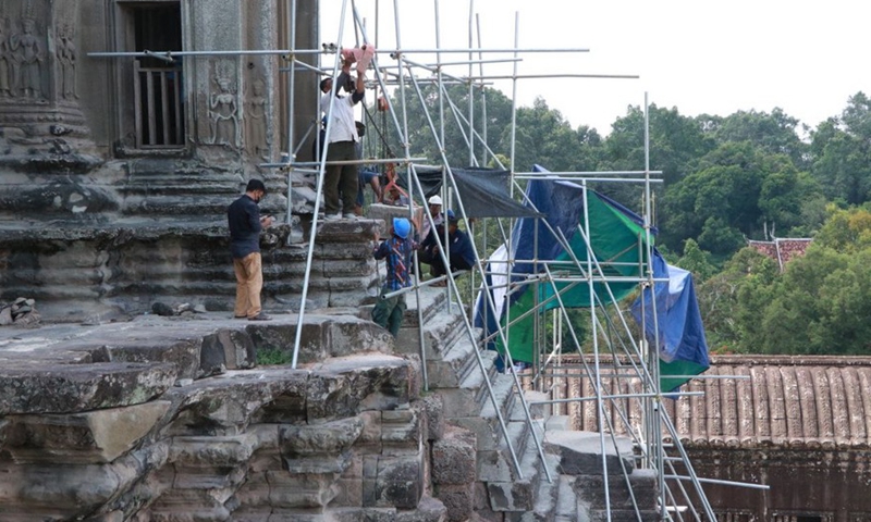 Undated photo shows the restoration site of Angkor Wat's Bakan tower in Siem Reap, Cambodia.(Photo: Xinhua)