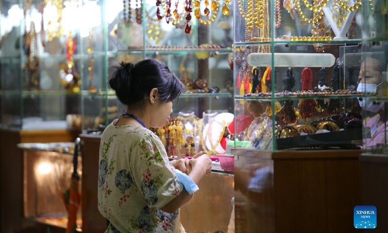 A jewelry shop is seen during the 57th Myanmar Gems Emporium at Mani Yadana Jade Hall in Nay Pyi Taw, Myanmar, April 26, 2022. The seven-day event will last until April 28.(Photo: Xinhua)