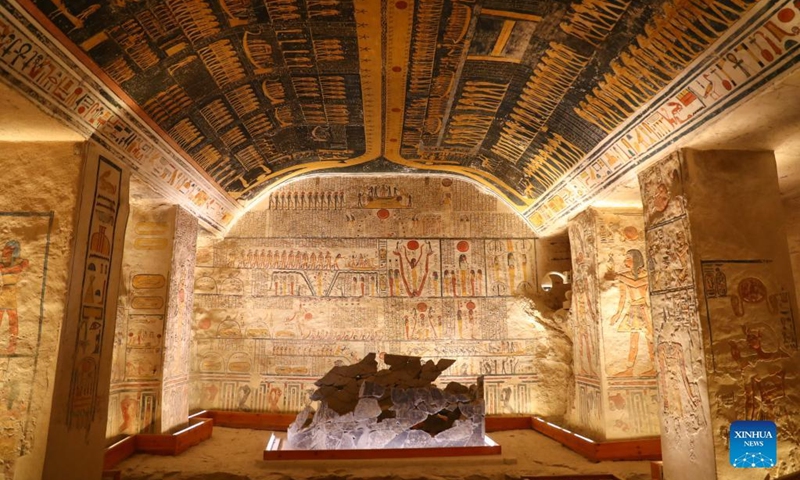 Photo taken on April 26, 2022 shows colorful reliefs and murals inside the tomb of Ramesses VI in the Valley of the Kings in Luxor, Egypt. The tomb of Ramesses VI, a ruler of the 20th Dynasty in ancient Egypt, is one of the most beautiful and well-preserved tombs in the Valley of the Kings.(Photo: Xinhua)
