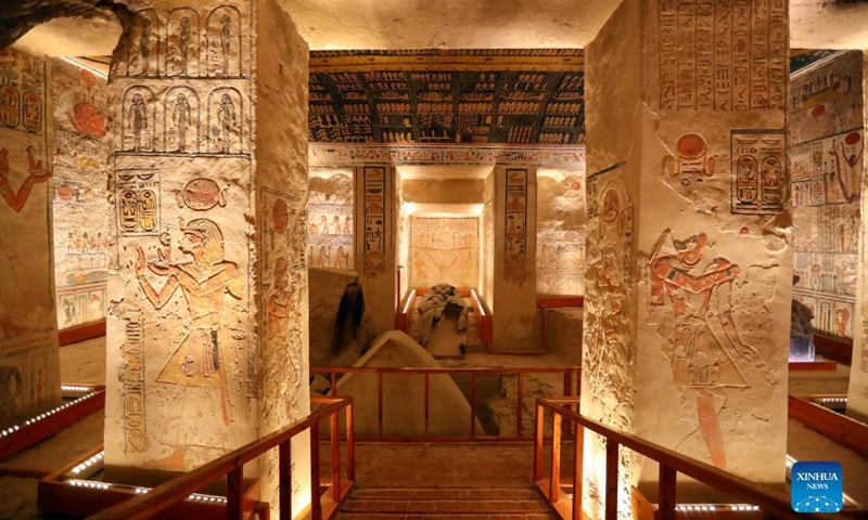 Photo taken on April 26, 2022 shows colorful reliefs and murals inside the tomb of Ramesses VI in the Valley of the Kings in Luxor, Egypt. The tomb of Ramesses VI, a ruler of the 20th Dynasty in ancient Egypt, is one of the most beautiful and well-preserved tombs in the Valley of the Kings.(Photo: Xinhua)
