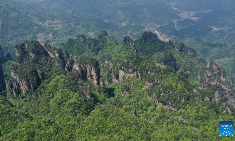 Aerial photo taken on April 20, 2022 shows a view of the Wulingyuan scenic area in Zhangjiajie, central China's Hunan Province. Wulingyuan, a UNESCO World Heritage Site, is noted for its unique quartzite sandstone pillars and peaks across most of the site.(Photo: Xinhua)