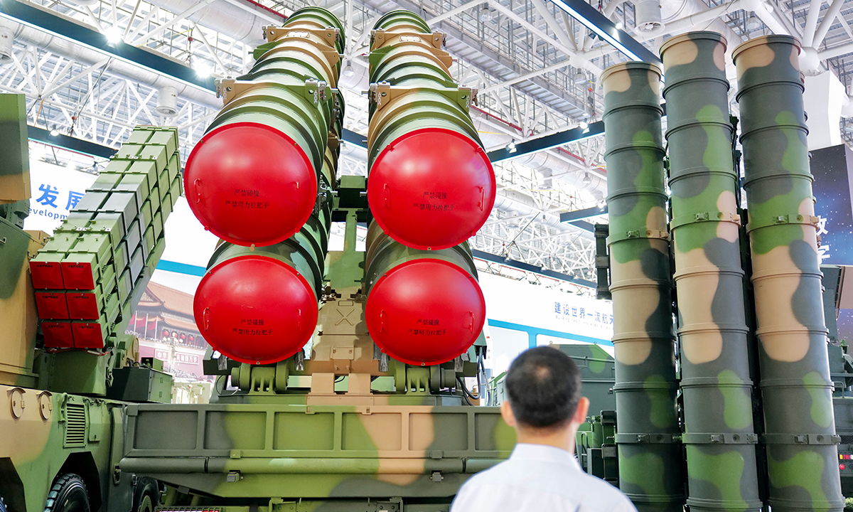 Independently developed by China, the FK-3 air defense missile system is on display at the 13th China International Aviation & Aerospace Exhibition in Zhuhai, South China's Guangdong Province on September 29, 2021. Photo: VCG