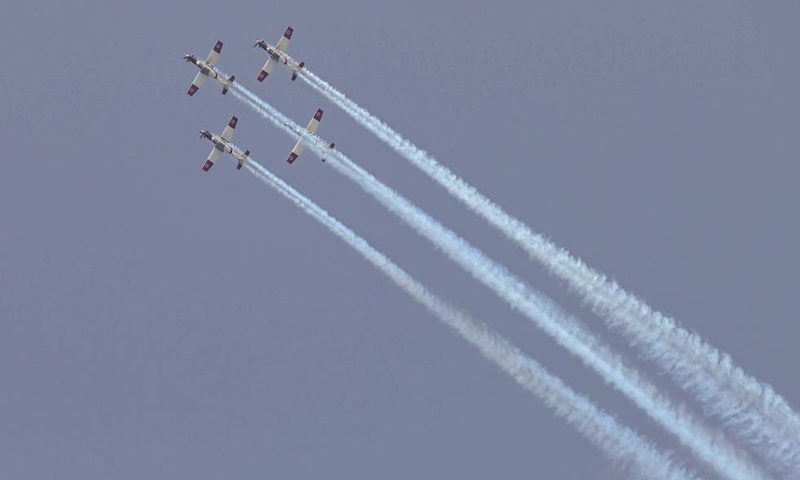 Israeli air force aerobatic team flies during a training for the upcoming Independence Day celebrations in Tel Aviv, Israel, on May 1, 2022.Photo:Xinhua