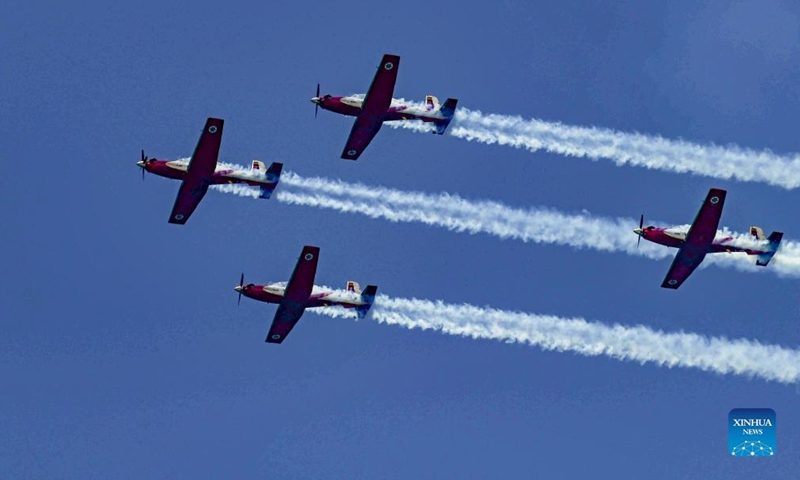 Israeli air force aerobatic team flies during a training for the upcoming Independence Day celebrations in Tel Aviv, Israel, on May 1, 2022.Photo:Xinhua